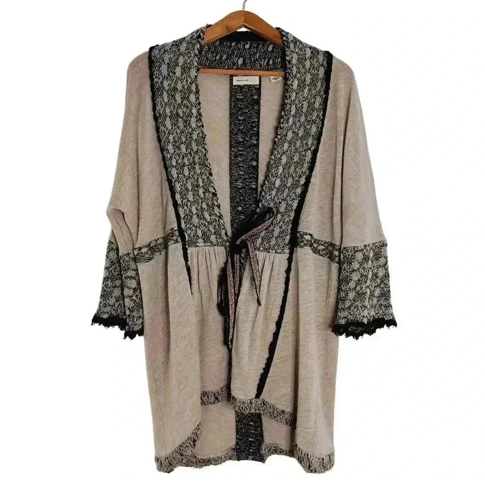 Anthropologie Sleeping on Snow Oatmeal Black Embroidered Knit Cardigan Size S